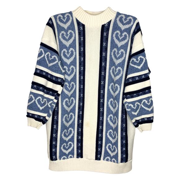 Vintage Heart Knit Striped Mock Neck Sweater Large - Picture 1 of 9